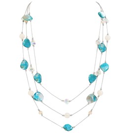 Firstmeet Layered Shell Glass Necklace Natural Boho Mother of Pearl Multi Strand for Women Summer Beach Gift(XL-1280-Blue Shell)