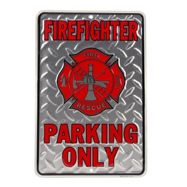 TG,LLC Treasure Gurus Firefighter Parking Only Embossed Diamond Plate Tin Sign