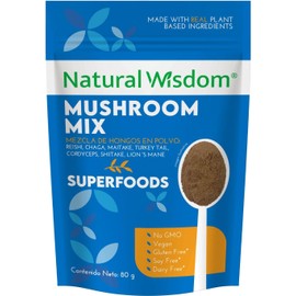 Mushroom Mix en Polvo 80g Concentración Estrés Energía Con Hongo Melena de Leon hongo Reishi, Cordyceps, Chaga, Maitake, Shiitake y Cola de Pavo Suplemento Natural Wisdom