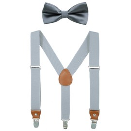Children Boys Kids Suspenders - Sturdy Metal Clips Adults Mens Suspender with Bow Tie(Light Grey+Dark Grey Bow,27 inches(5 Years - 9 Years))