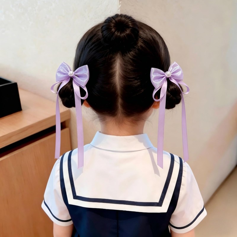 【2 個セット】子供用 蝶々リボン ヘアゴム パープル 可愛い サテンリボン キッズ ヘアアクセサリー 滑り止め