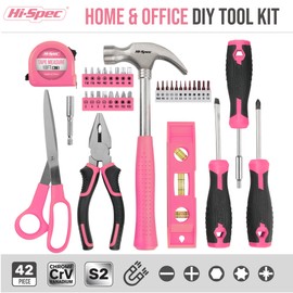 Hi-Spec Tool Kit, General Household Hand Tool Set with Toolbox Storage Case, All-in-One Compact Toolkit for DIY & Dorm Use, Pink