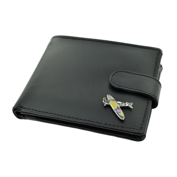 Giftsearch Genuine Black Leather Wallet with a Spitfire War Plane