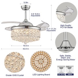 PAFRUMGE 42" Crystal Ceiling Fan with Light and Remote，Dimmable Fandelier with Invisible Retractable Blades, Modern Chandelier Ceiling Fans with Lights for Bedroom Living Room 6 Speed Chrome