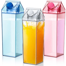 Remerry 3 Pcs 34oz Milk Carton Water Bottle Square Milk Bottle Plastic Coffee Milk Carton Bottle Portable Reusable Milk Carton Cup Leakproof Carton Shaped Juice Bottle (Pink, Blue, Clear)