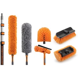 20 Foot High Ceiling Duster Kit and Scrub Brush with 4-12 ft Extension Pole // Telescoping Duster, Window Squeegee and Cobweb Duster with Extension Pole // Interior and Exterior House Cleaning Brushes