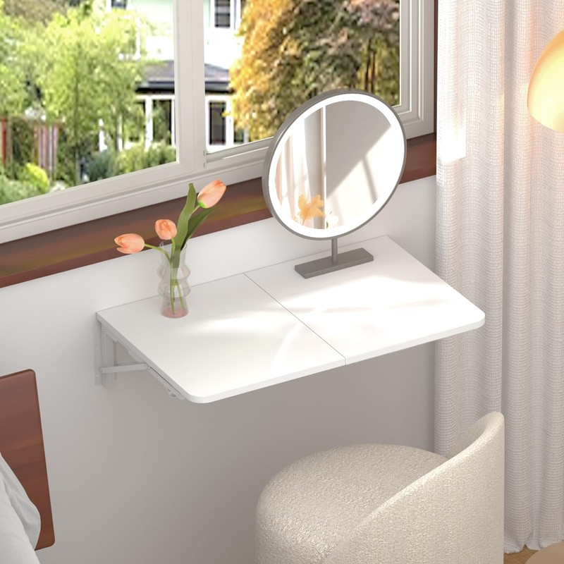 TEAMIX Wall Mounted Folding Table, White Floating Desk for Small