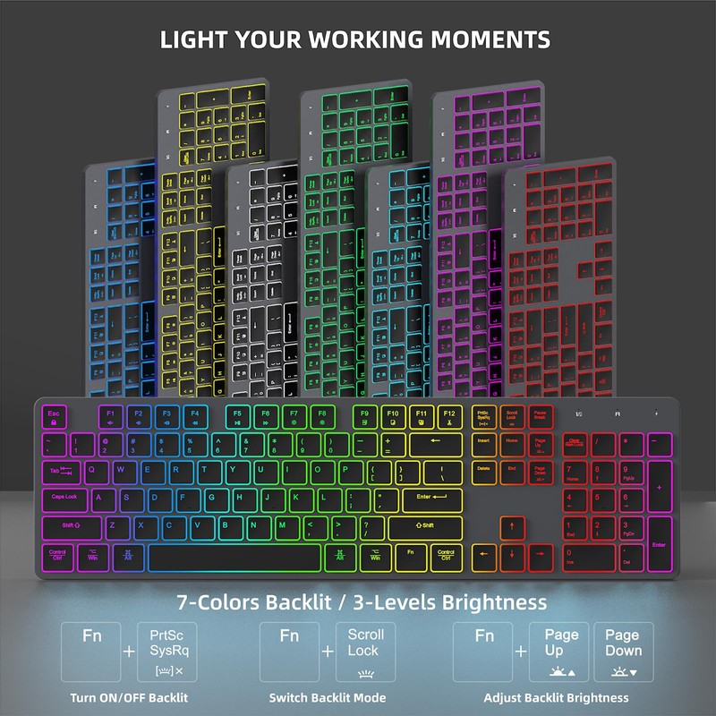 Wireless Keyboard and Mouse RGB Backlit Combo, Slim & Quiet,