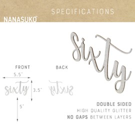 NANASUKO 60th Birthday Cake Topper - sixty - Double Sided Silver glitter - Premium quality Made in USA