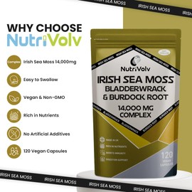Irish Sea Moss, Bladderwrack & Burdock Root Complex 14,000mg | 120 High Strength Capsules Providing 120 Day Supply | North Atlantic Irish Sea Moss Supplement | No Fillers or Binders | Vegan & UK Made