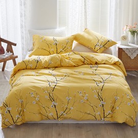 WONGS BEDDING Yellow Floral Duvet Cover Set Queen, 3 Pieces Flower Plum Blossom Printed Bedding Set with 2 Pillowcases, Botanical Branch Comforter Cover Set Queen Size 90"X90"(Not Comforter)