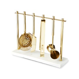 Twine Bar Tool Set Includes Hawthorne Strainer, Citrus Knife, Ice Tongs, Double Jigger with Marble Display Stand for Classic Cocktails and Cold Brew Drinks, Home Bar Cart Accessories, 4-Piece, Gold
