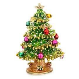 Hand Painted Trinket Box, Hinged Enameled Jewelry Box, Unique Mini Ring Earrings Jewelry Organizer, Vintage Bejeweled Storage, Figurine Collectible Keepsake Home Decor (Christmas Tree)