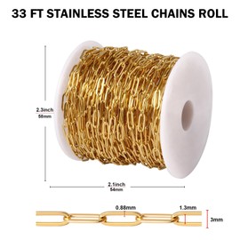 [33FT] 18K Gold Plated Paperclip Chains for Jewelry Making, 3mm Wide 304 Stainless Steel Paperclip Link Chain Roll Bulk for DIY Jewelry Making Craft