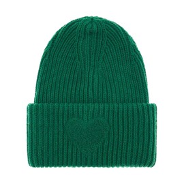 Zwillingsherz Slouch Beanie Hat Made of Wool - High-Quality Knitted Hat with Fluffy Heart Patch Embroidery for Women Girls Boys - Hat - One Size - Warm and Soft for Spring Autumn and Winter, Green