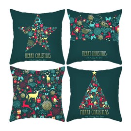 Valicaer Christmas Cushion Cover,Set of 4 Xmas Decor Winter Cushions Covers Christmas Throw Pillow Covers Cases Linen for Bedroom Couch Home Christmas Tree Snowflake Reindeer Merry Christmas 18x18In