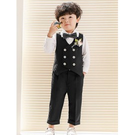 LOLANTA Boys 4 Piece Formal Suit Double Breasted Vest Set Kids Birthday Wedding Party Occasion Wear Black/Blue/Khaki 2-13 Years, black