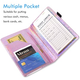 ACdream Server Books for Waitress, Guest Book Note Pad, Cute Pocket Leather Money Organizer Wallet, Cash Check Bill Receipt Holder Presenter, Waiter Accessories Fit Server Apron, Glitter Pink