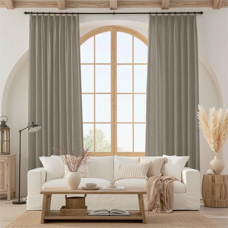 Pinch Pleated Semi Sheer Linen Curtains 108 Inches Long, Taupe