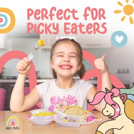 ARI MES - Toddler Plates and Utensils Set, BPA Free Eco-Friendly, Unicorn Shaped Plates for Toddlers, Divided Plates for Kids, Picky Eater Friendly, Childrens Dish Set - Unicorn Plate + Spoon & Fork