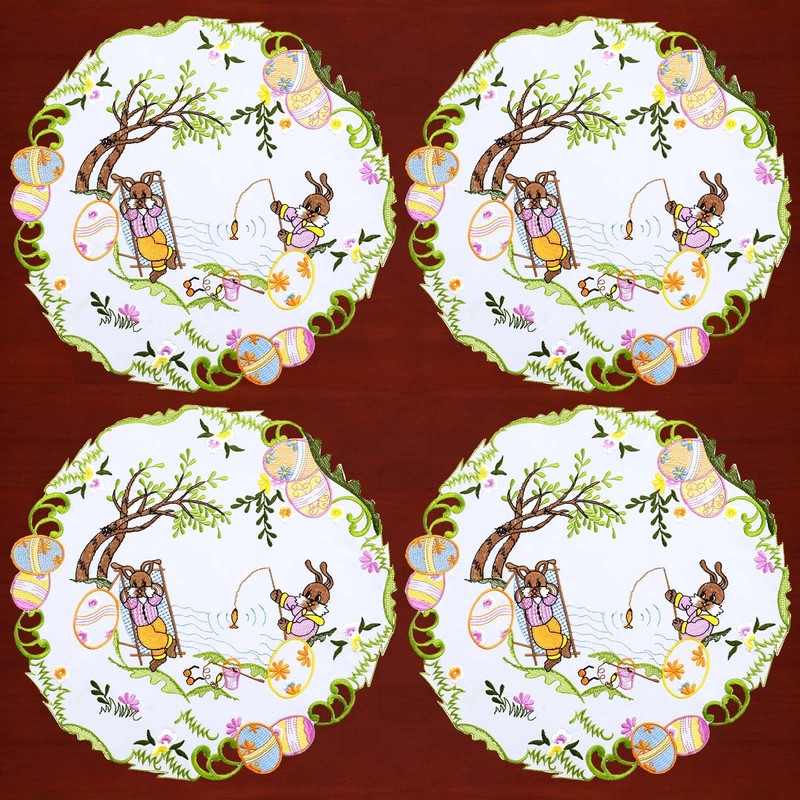 Simhomsen Embroidered Easter Bunny Round Doily Placemats (Round 15 inches