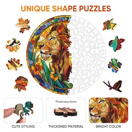 Mys Aurora Wooden Puzzles for Adults, Nature & Lion Jigsaw Puzzles 200 Pieces, Unique Shaped Puzzle for Adults and Kids, Christmas Birthday Gift Family Game 11.2 x 11.2 Inch