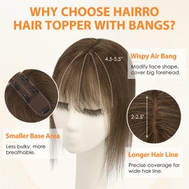 Hairro Human Hair Toppers For Women Wispy Air Bangs 3D Cover Remy Top Hair Pieces Clip On Wiglet Hair Extensions Handmade Toupee Hairpiece 10 Inch 36g #02 Dark Brown