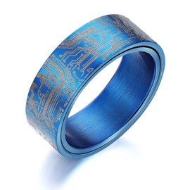 Adreamz 8mm Computer Circuit Board Pattern Ring - Blue Spinner Fidget Ring for Men, Anxiety Relieving Fidget Stainless Steel Ring Programmer Wedding Ring 7