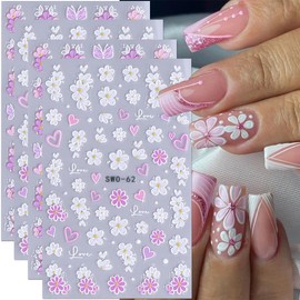 Flower Nail Art Stickers Decals Butterfly Flowers 5D Embossed Nail Stickers for Nail Art 4PCS Elegant White Pink Floral Spring Nail Designs Adhesive Sliders for Women Manicure DIY Nail Art Decorations