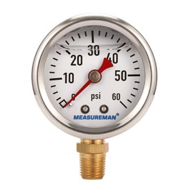 MEASUREMAN 1-1/2" Dial Size, Glycerin Filled Fuel Pressure Gauge, 304 Stainless Steel case, 0-60Psi, -3-2-3%, 1/8" NPT Lower Mount