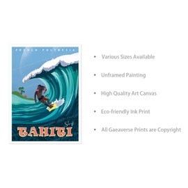 gaeaverse Póster de viaje con paisaje urbano de surf en Tahití, Francia, clásico, decoración de habitación, pinturas estéticas en lona para recámara, decoración del hogar (12 x 18 pulgadas)