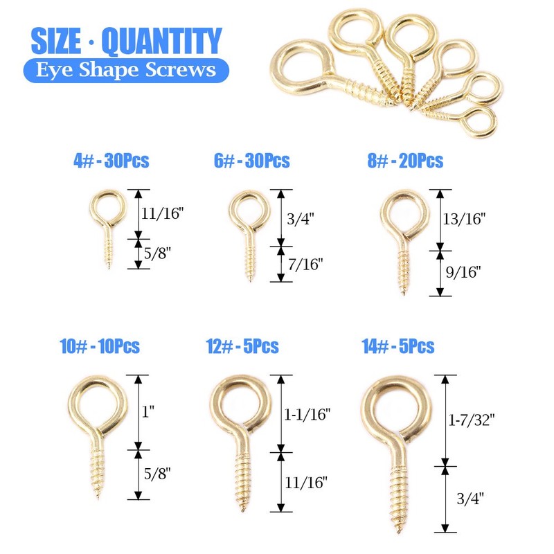 Glarks 100-Pieces 6 Size Brass Plated Lag Eyebolts Screw-in Eye
