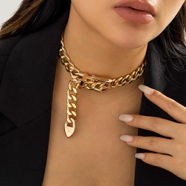 CSIYANJRY99 Chunky Chain Belt Choker Necklace for Women 80s Hip Hop Necklace Punk Goth Belt Buckle Chain Necklace (Gold)