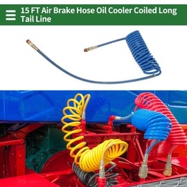 Motoforti Air Brake Hose Oil Cooler Coiled Long Tail Line 18 Circle Brake Coil Cable for Trucks Tractors Assembly with 1/2" NPT Fitting 15 ft Brass Nylon Blue