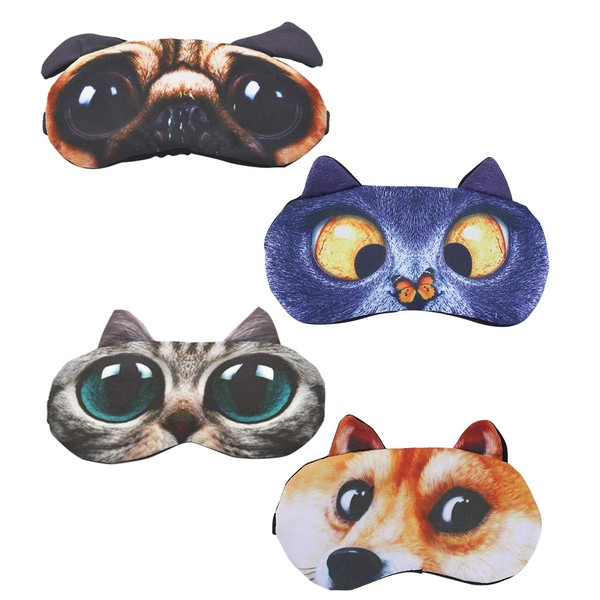 Hycles Funny Sleep Mask for Kids Women Men Soft Eye Cover Blindfold Mask Cute Animal Cartoon Cat Dog Sleep Eye Mask for Sleeping 4 Pack