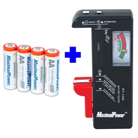 MaximalPower Universal Battery Tester Checker and 4X AA 2600mAh NiMh Nickel Metal Hydride 1.5V Cell Batteries