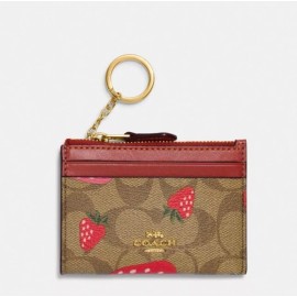 Coach Mini Skinny Id Case In Signature Canvas With Strawberry Print Khaki CH527