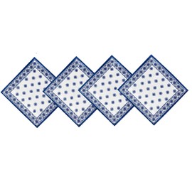 Newbridge Square Fabric Napkins, Set of 4 Napkins, Mykonos Blue Mediterranean, Indoor Outdoor Stain Resistant No-Iron Napkins, Blue Tile Border