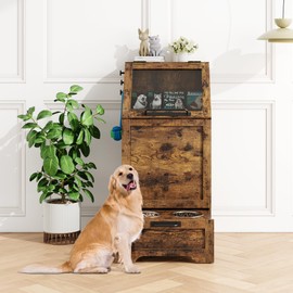 Garvee Dog Feeding Station with 2 Elevated Bowls, Dog Food Storage Cabinet, Flip Top Pet Feeding Station, Food Storage Container, Pet Toy Organizer, Brown