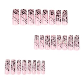 Press on Long Nails Coffin Shaped Acrylic Glossy Full Cover Long Square French False Nails with Designs Artificial Extra Square Long Fake Nails with Charms Glue ons Fingernails for Women(JP3508)