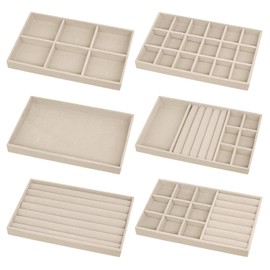 Yicaam Pack of 6 Velvet Jewellery Trays, Stackable Drawer Insert, Jewellery Trays, Jewellery Storage Drawer, Velvet Jewellery Organiser for Ring, Earring, Bangle, Bracelet, Necklace - Beige