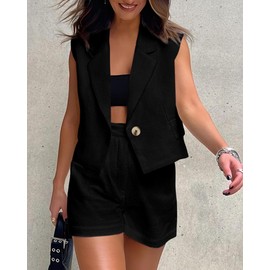 KIRUNDO 2 Piece Outfits for Women Summer Sleeveless Vest Blazer and Elastic High Waist Shorts Suit Set 2024 Womens Fashion Casual Vacation Outfits(Black, Small)
