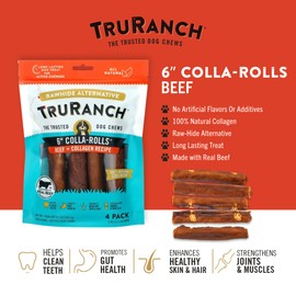 TRURANCH 6" Collagen Rolls, Beef, Healthy Joint Support Dog Treat, Rawhide Alternative, Skin & Coat Health, Made with Real Beef, 3 Bags, 12 Count