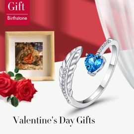 PEARLOVE Silver Feather Ring, Birthstone Open Finger Rings for Women Girls Adjustable Size 6-12