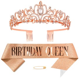 Rose Gold Birthday Crown Sash Girls Ladies Birthday Decoration Rhinestone Birthday Tiara Princess Crown Crystal Queen Tiara Birthday Sash Birthday Decoration Party Clothing Accessories, Style 1,