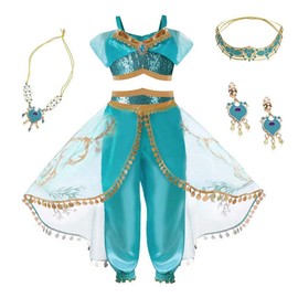 SZ-TONDA Disfraz de princesa para niñas, disfraz de Halloween, fiesta árabe, cosplay verde azulado y dorado para niños y adolescentes