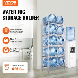 VEVOR 5 Gallon Water Jug Holder, 5 Tiers Double Row Heavy Duty Water Bottle Rack with 10 Slots, Detachable Water Jug Stand for Kitchen, Office, Living Room- Silver