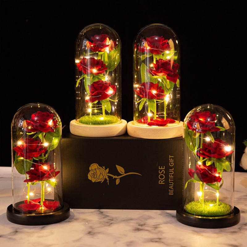 Glass Dome Rose Ornament LED Strip Light Blessing Romantic Glass