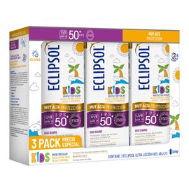 Eclipsol Ultra Loción Kids FPS 50+, Bloqueador solar corporal y facial eclipsol de uso diario Ideal para la Piel Sensible de los Niños, 3pack de 60 g c/u