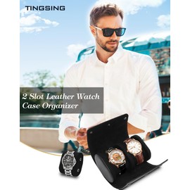 TINGSING Watch Box for Men, 2 Slot Watch Travel Case Watch Roll, PU Leather Watch Holder Organizer with Removable Pillows, Watch Gift Box for Father's Day, Christmas, Anniversary, Birthday, Black